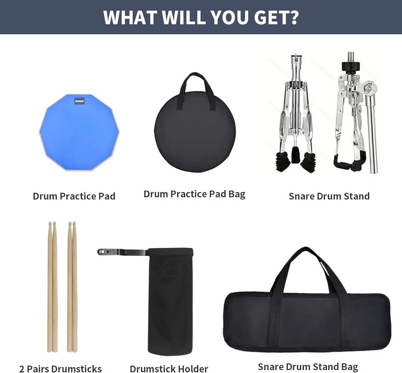 Seteol Drum Practice Pad Set, 12 Inch Double Sided Silent Drum Pad with Storage Bag + Adjustable Snare Drum Stand with Carry Bag + 2 Pair Drum Sticks with Drumstick Holder, Fits 10"-14" Drums (Blue) - Image 2